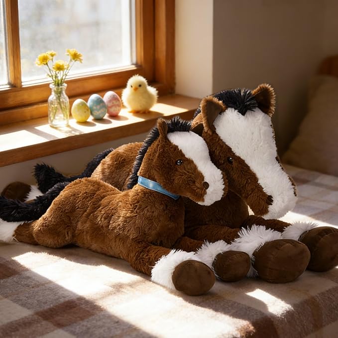 MaoGoLan Large Horse Stuffed Animal for Boy, Big Horse Plush Toy for Girl, Ridable Stuffy Pony for Kids, Coffee Stuffed Pony Plush Pillow for Easter Baby Shower Birthday Party Favor Gifts, 33 inches