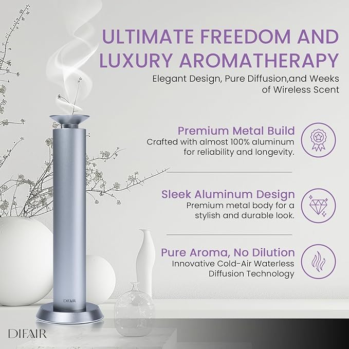 Diffuser Oil Machine, Rechargable Electric Diffuser, Aluminum Aromatherapy Diffusers for Home, Office, Spa, Cold Air Scent Diffuser, Hotel Collection Diffuser Design