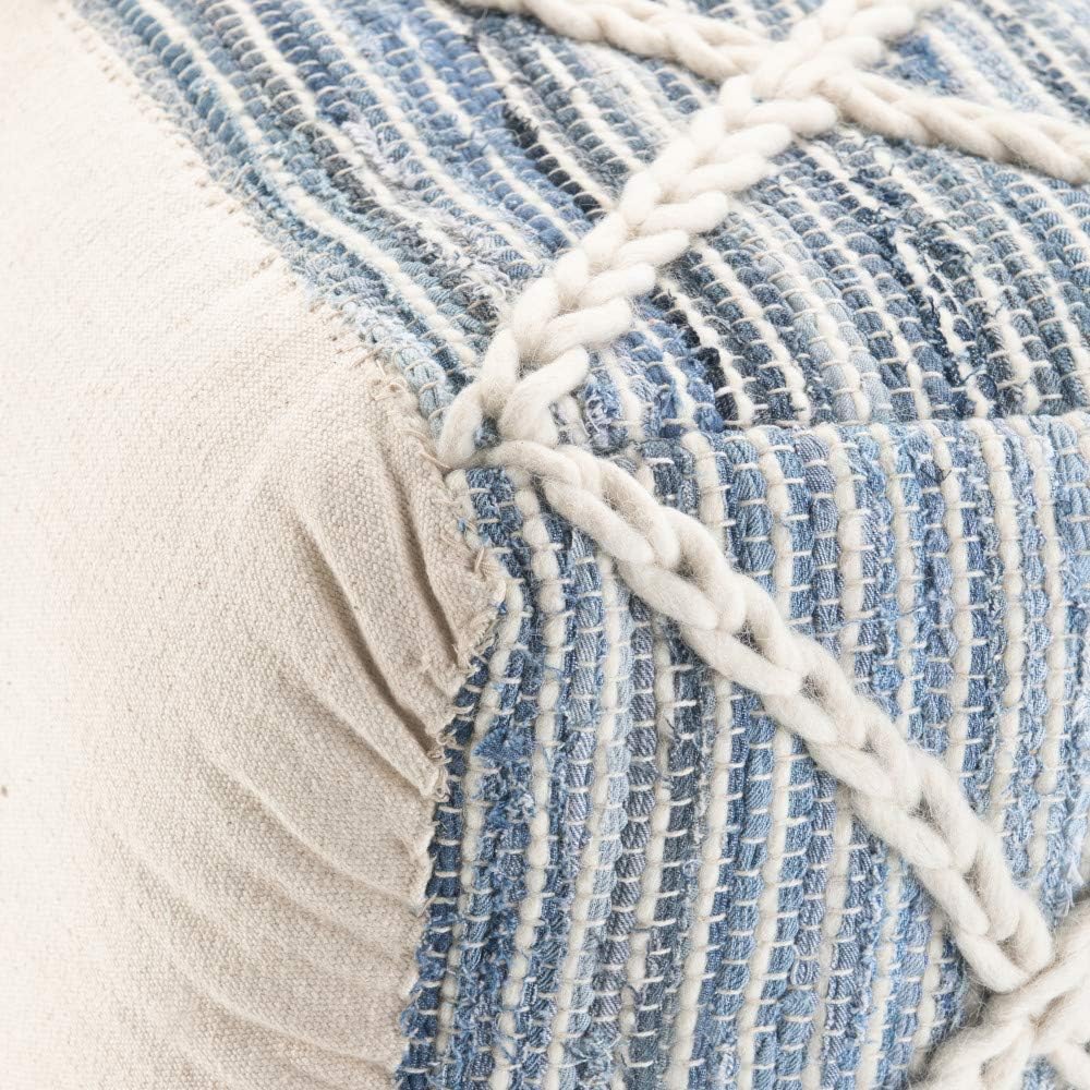 SIMPLIHOME Cowan Boho Square Pouf in Blue, Natural Handloom Woven for the Living Room, Bedroom and Kids Room