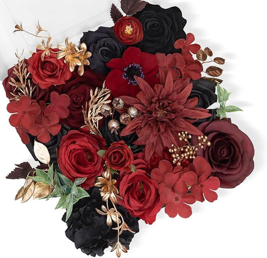 TINGE TIME Rose Artificial Flowers Combo, Fake Foam Roses with Stems for DIY Wedding Bridal Shower Decorations Party Table Centerpieces Fake Floral Arrangement Home Decor(Gothic Black and Red)
