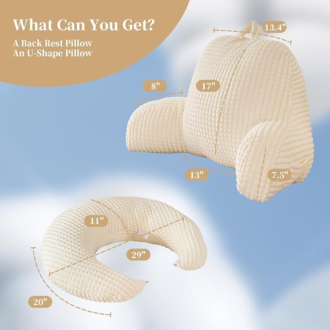 19" Reading Pillow for Bed,U Shaped Arm & Elbow Support,White Flannel | Backrest Supports Back,U shaped Lap Pillow Cushions Arms,Elbows & Wrists,Soft Flannel for Reading,Gaming,Watching TV