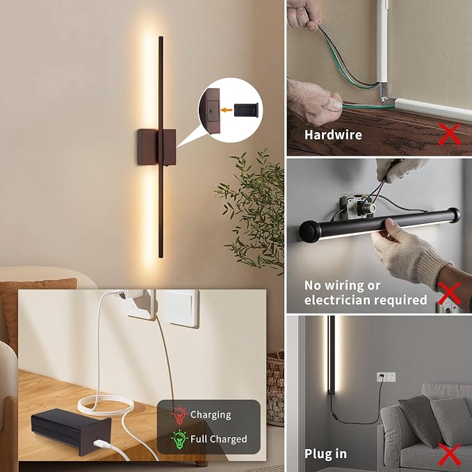 Battery Operated Wall Sconce with Remote Control, Rechargeable & Dimmable Wireless, Easy Install Peel and Stick, Timer Function, Linear Wall Lights for Living Room, Bedroom, Hallway 28.3 inch (Orb)