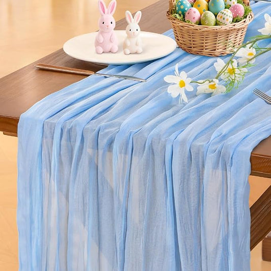 Socomi Blue Cheesecloth Table Runner Easter Spring Light Blue Boho Rustic Gauze 120 inch 10FT Cheese Cloth Runner for Wedding Party Baby Shower Birthday Home Decor Holiday Decorations