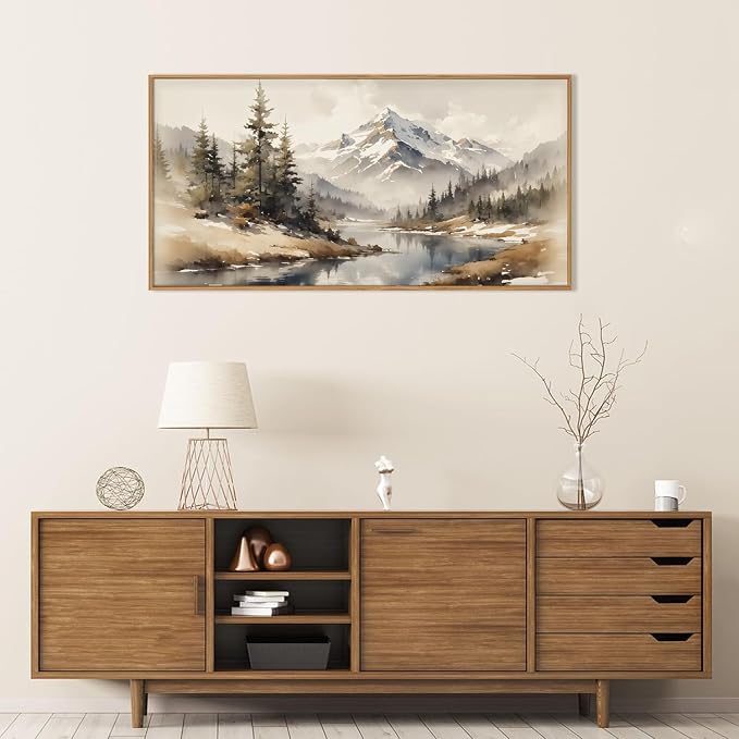 Vintage Misty Mountain Framed Canvas Wall Art Set 20"X40"X1 | Foggy Pine Tree Winter Landscape Nature Snowy Forest Living Room Bedroom Office