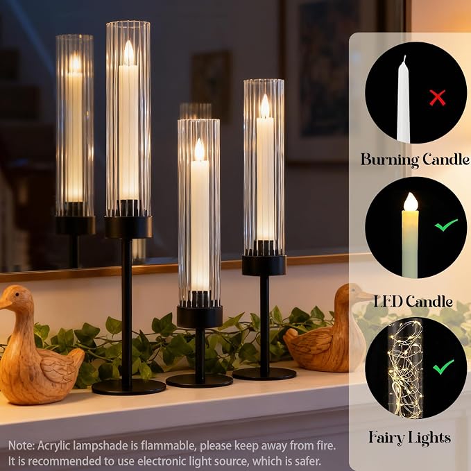 Metal & Acrylic Taper Candle Holders with Ribbed Design - Hurricane Clear Cylinder Candelabra for Wedding, Christmas, Party, Dining Table Centerpiece Decor (Black, Set of 6)
