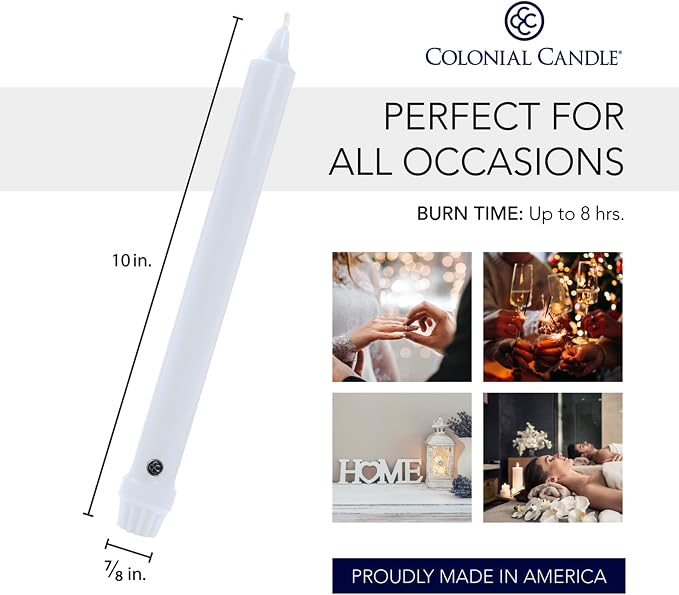 Colonial Candle Unscented Taper Candle, Classic Collection, White, 10 In, Pack of 12 - Up to 8 Hours Burn