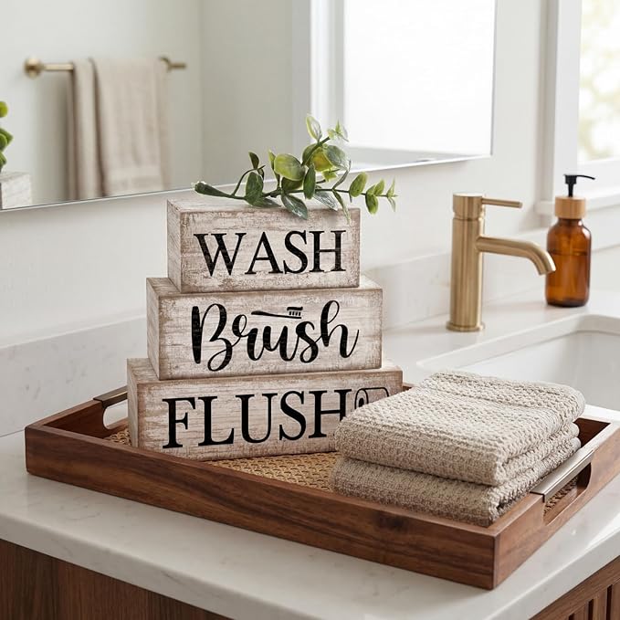 Moucuny 4 Pcs Farmhouse Table Decor Bathroom Wooden Signs Rustic Eucalyptus Leaves Wooden Block Sign Gift Wash Brush Flush Farmhouse Table Centerpiece for Living Room Housewarming Gift