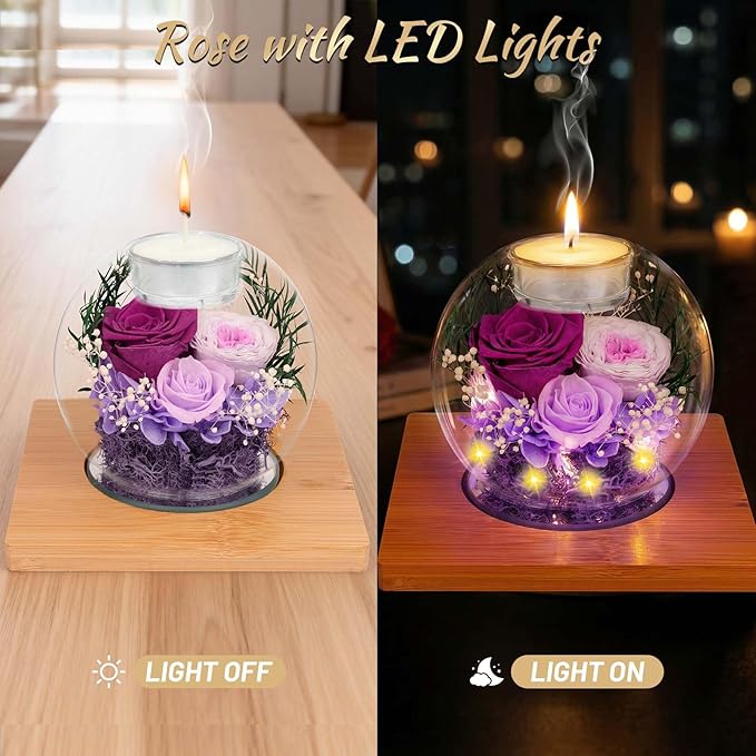 ENERLEAF Preserved Purple Real Rose in Glass with Scented Candles–Eternal Flower Romantic Anniversary Mothers Day Christmas Birthday Valentines Day, Women, Wife, Girlfriend, Mom, Grandma
