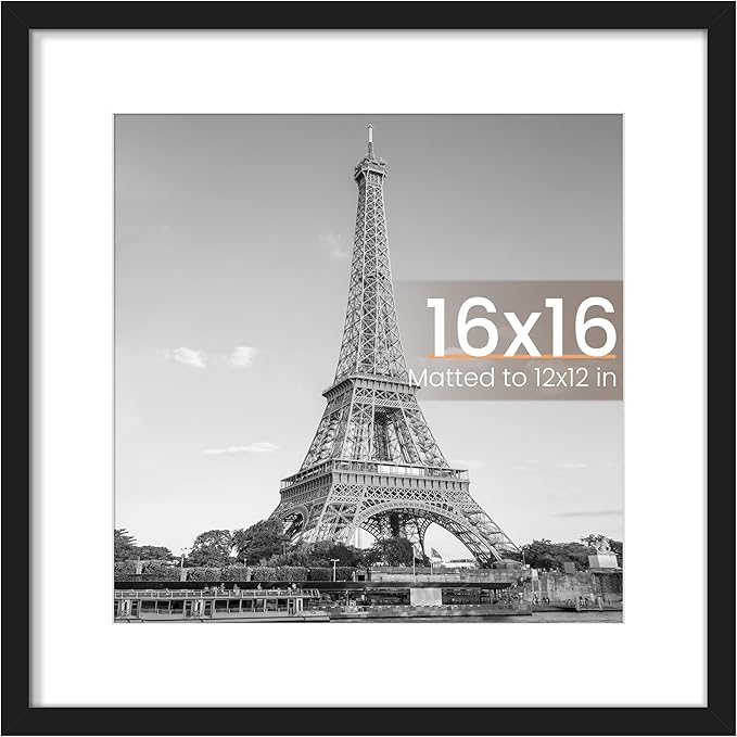 upsimples 16x16 Picture Frame, Display Pictures 12x12 with Mat or 16 x 16 Without, Wall Hanging Square Frames, Black, 1 Pack