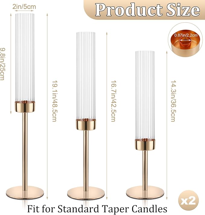Gold Hurricane Candle Holders, Set of 6 Glass Taper Candlestick Holders Metal Candle Stands Bulk with Ribbed Glass Cover for Dining Tables Wedding Candelabra Centerpieces Decor