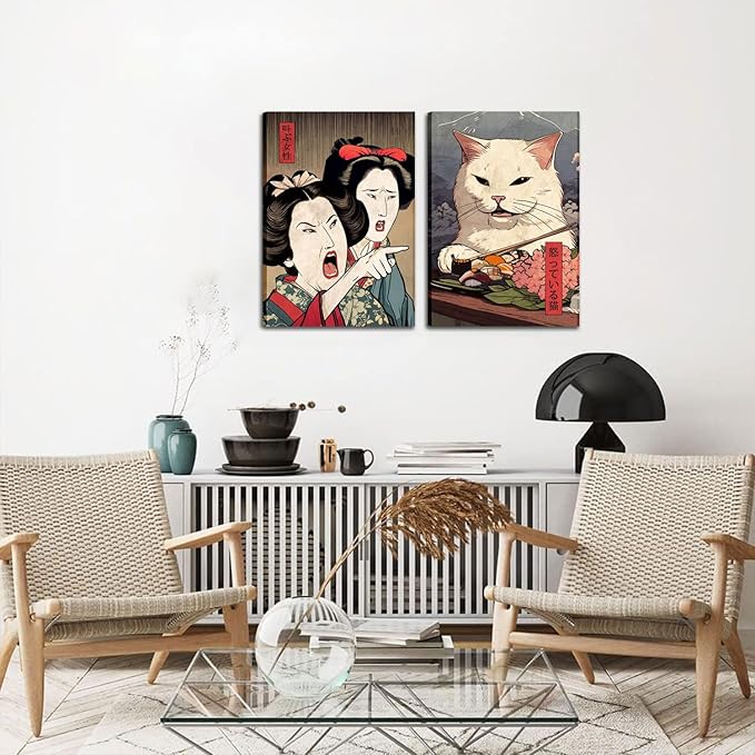 Funny Anime Posters Japanese Decor Set of 2 - Woman Yelling at Cat Canvas Wall Art, Vintage Anime Cat Wall Decor for Living Room, Corridor, Kitchen Home Decor - 16x24 in Framed