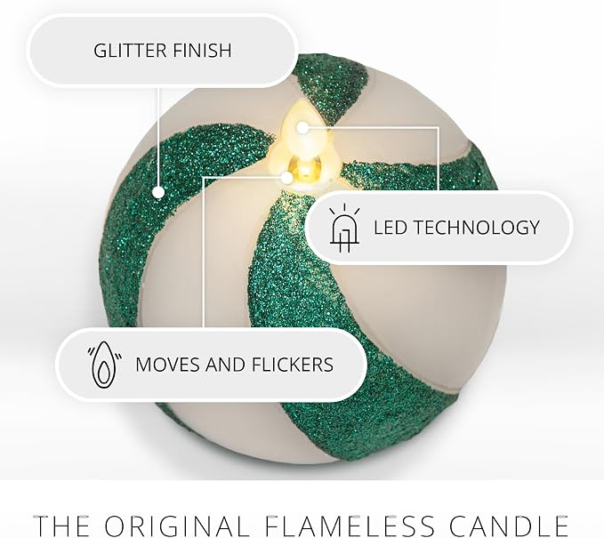Luminara - Flameless Holiday Crystal Beads Glitter Sphere Candle - Candy Cane Green- Pack of 1-4x4.25 - Auto Timer Built-in 5-Hour Timer Indoor Use