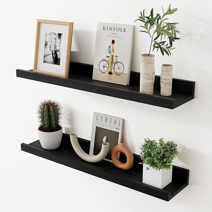 Acovy Floating Shelves for Wall, 24 inch Solid Wood Picture Ledge Shelf, Picture Shelf for Wall with Ledge, Floating Book Shelves for Living Room Bedroom Kitchen Nursery Decor, Black, Set of 2