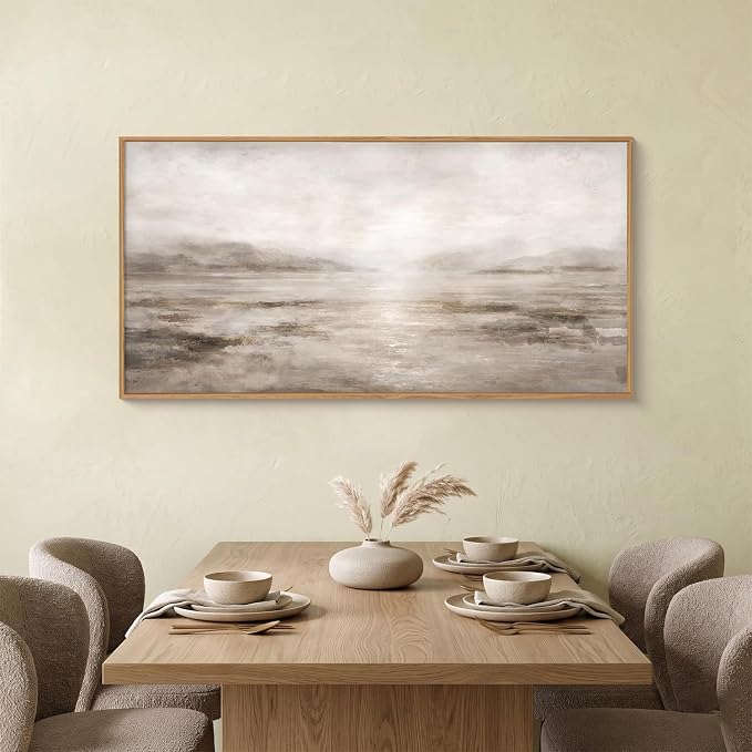 HPNIUB Abstract Neutral Brown Framed Canvas Wall Art Set,Modern Misty Lake Wall Decor, Watercolor Landscape Art Prints, Minimalist Texture Pastel Artwork for Living Room,Bedroom,Office- 20"x40"x1
