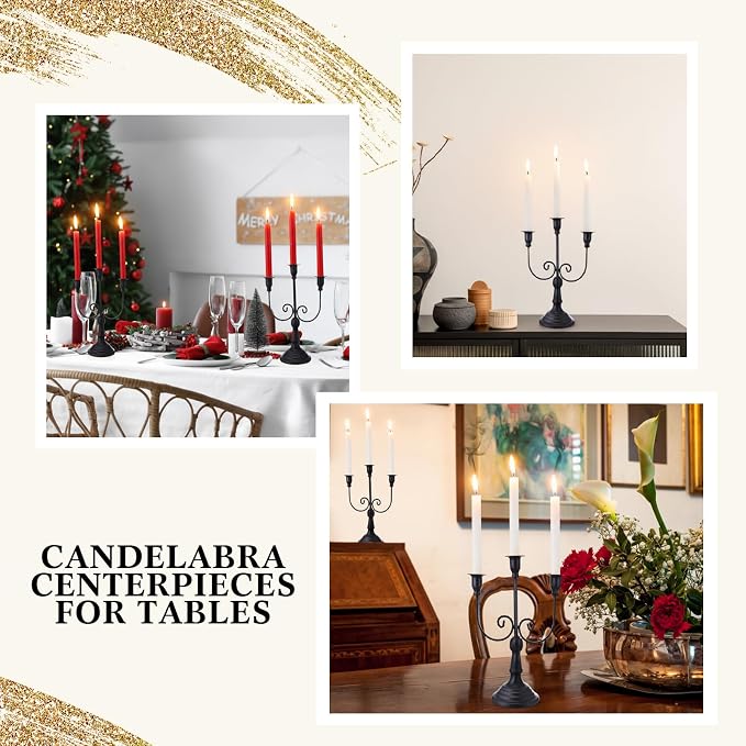 Dandat 3 Pcs 3 Arm Metal Candelabra Candlestick Holders Tall Candlestick Holders Gothic Candle Holder for Home Wedding Church Christmas Party(Retro,11.8 Inch,Black)