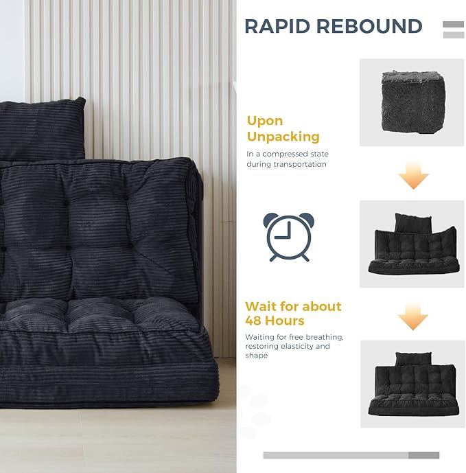 MAXYOYO Folding Sofa Bed, Tufted Bean Bag Bed with Pillows Floor Couch for Adults, Extra Thick and Long Floor Sofa, Twin Couch for Bedroom Living Room, Black, 39x91 Inch