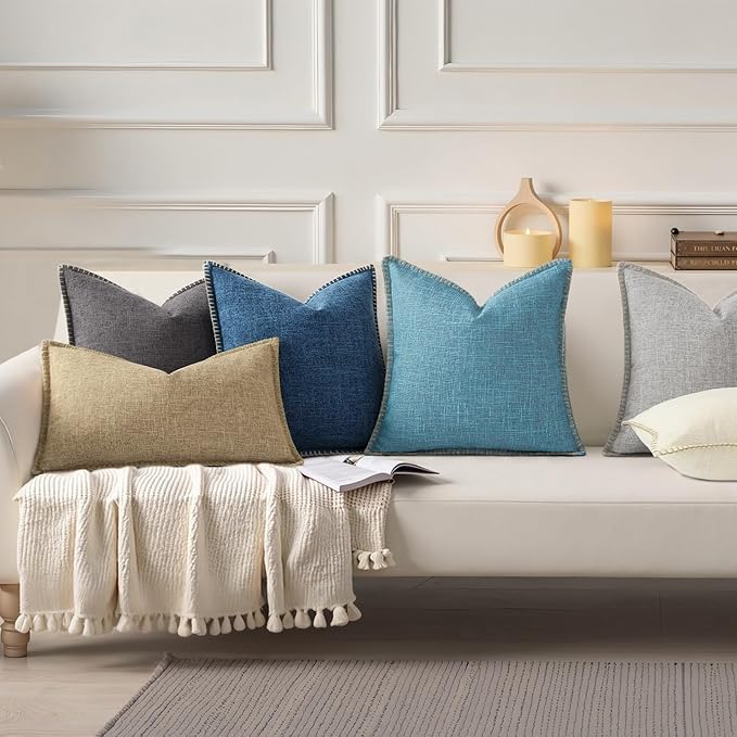 decorUhome Summer Decorative Throw Pillow Covers 24x24 Set of 2 Square Faux Linen Farmhouse Euro Sham Pillow Covers with Stitched Edge Outdoor Pillow Covers for Couch Sofa Living Room, Teal