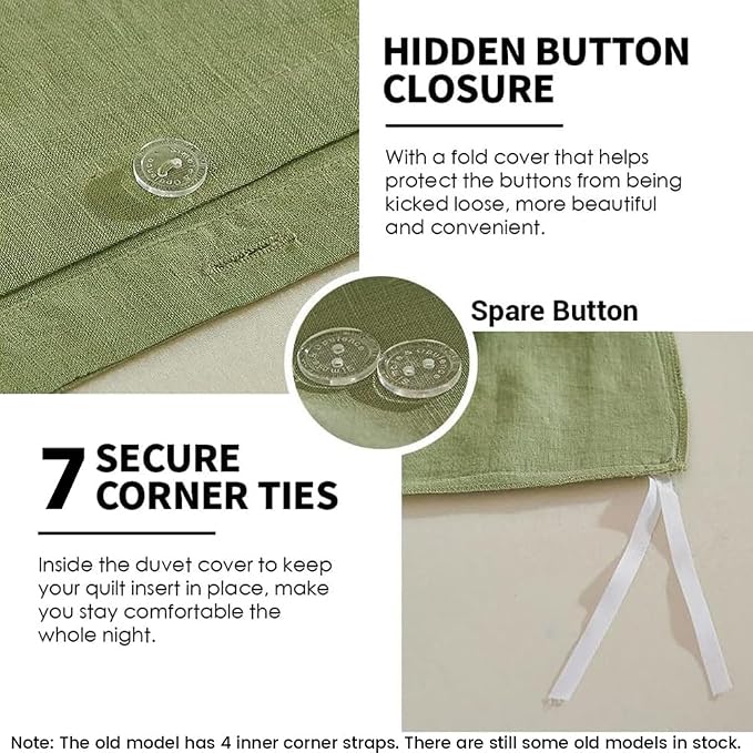 Simple&Opulence 100% Washed Linen Duvet Cover Set 5pcs(1 Duvet Cover& 2 Shams& 2 Pillowcases) Basic Style Natural French Flax Soft Breathable Farmhouse Bedding (Queen, Sage Green)