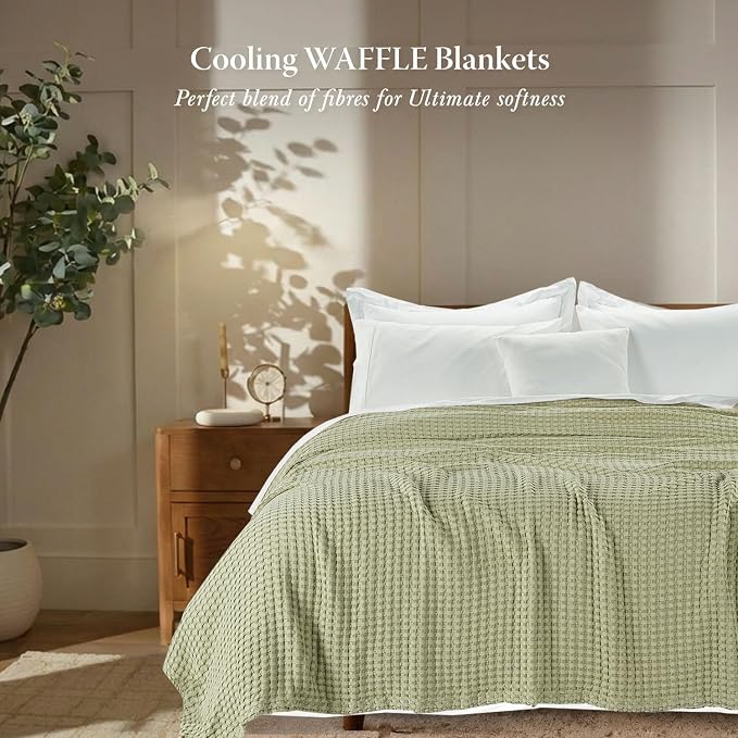 Threadmill Cooling Blanket Twin Size Waffle Weave| Breathable, Lightweight & Ultra-Soft | Made from Rayon Derived from Bamboo | Waffle Throw for Couch and Sofa | 68 x 92 Inches | Sage Green