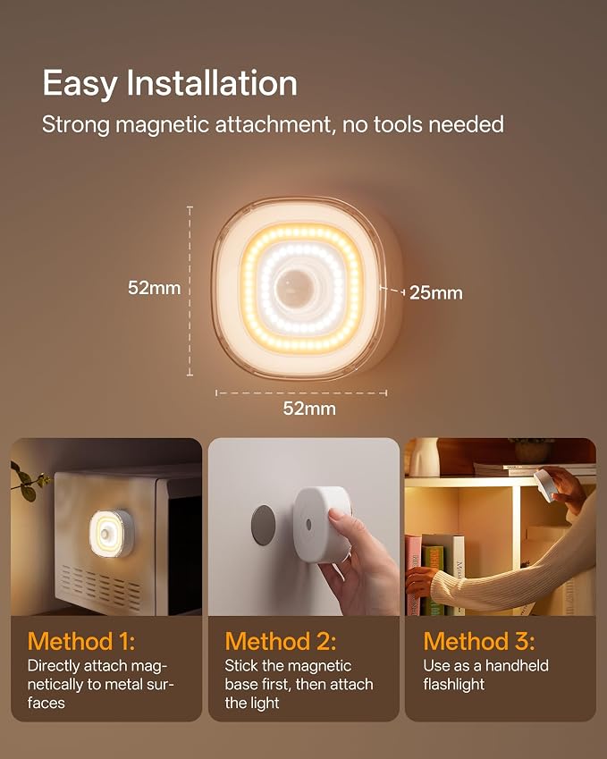 Homelist 4 Pack Small Rechargeable Motion Sensor Light, COB Light Source Puck Lights Rechargeable, 100LM Motion Sensor Night Light for Bedroom Bedside, Cabinets, Kitchen Counter, Hallway, Stairs