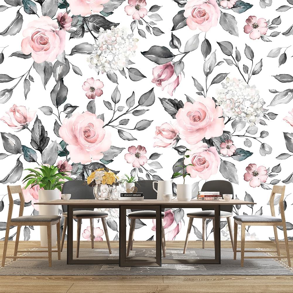 Grey Leaf Pink Flowers Mural Bedroom Floral Wallpaper Room Decor Living Room tv Background Large Wall Mural - 137"x96" (Not Peel and Stick)