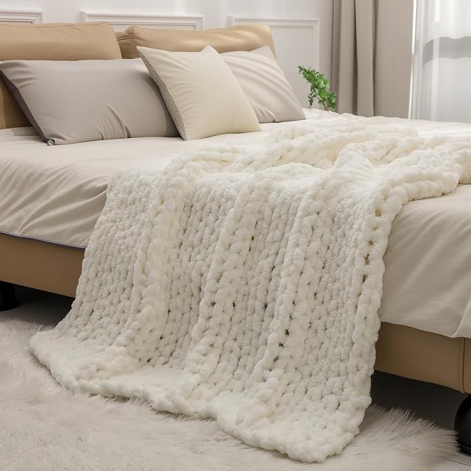 bearberry Chunky Knit Throw Blanket 60x80 Inches Handmade, Soft Jumbo Chenille Yarn with Cable Rope Knot Design, Thick Cozy Large Blanket for Couch, Sofa, Bed & Living Room Home Decor, Cream
