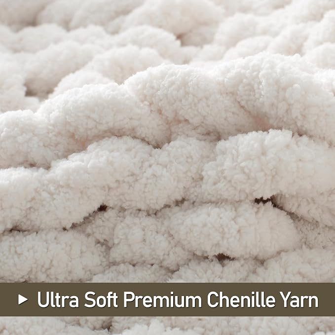 Chunky Knit Throw Blanket 50x60, 100% Handmade Chenille Yarn | 4.4lbs Soft Thick Cable Knitted Blankets, Large Rope Knot Crochet Throws for Couch Sofa Bed Machine Washable, Cream White