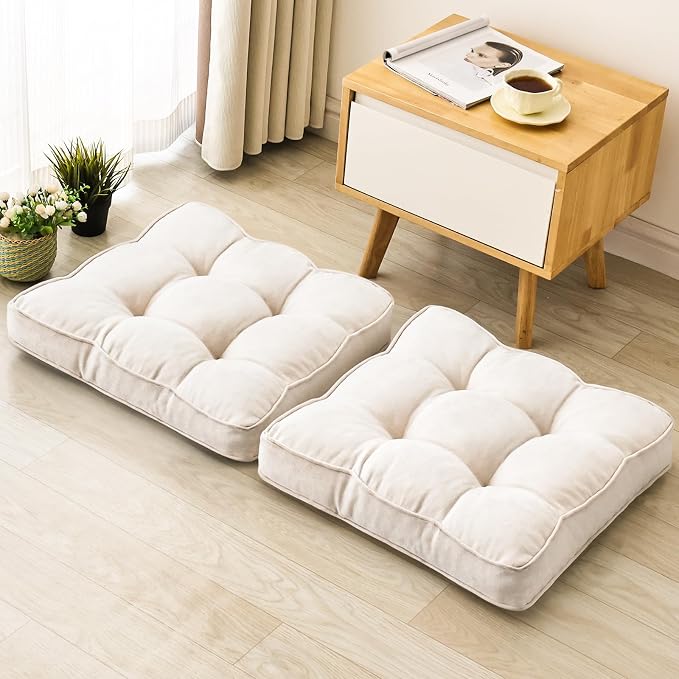 1 MIDDLE ONE Floor Pillow Set of 2, Memory Foam Floor Cushions for Adults, Large Meditation Pillow for Sitting, 22 x 22 Inches (Square | Beige)