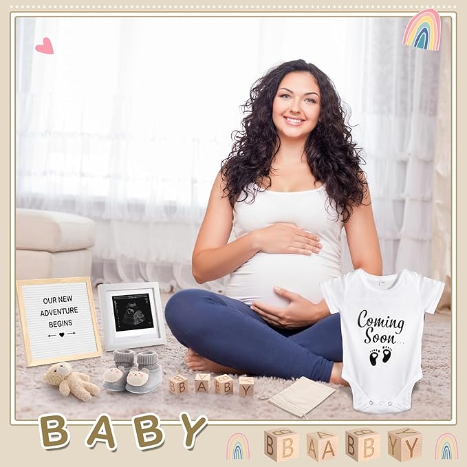 Canlierr 9 Pcs Pregnancy Announcement Set Pregnancy Reveal Ideas Felt Letter Board Baby Bodysuit Booties Photo Frame Bear Plush Wood Blocks for Coming Soon Baby Announcement(White)