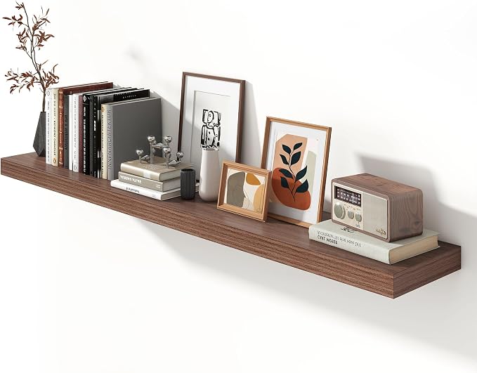 FLYJOE 72 Inch Floating Shelf, 12'' Deep Walnut Shelf for Wall Set of 1 | 72'' x 12'' Rustic Wood Shelves for Farmhouse Living Room Bathroom Kitchen Laundry Room