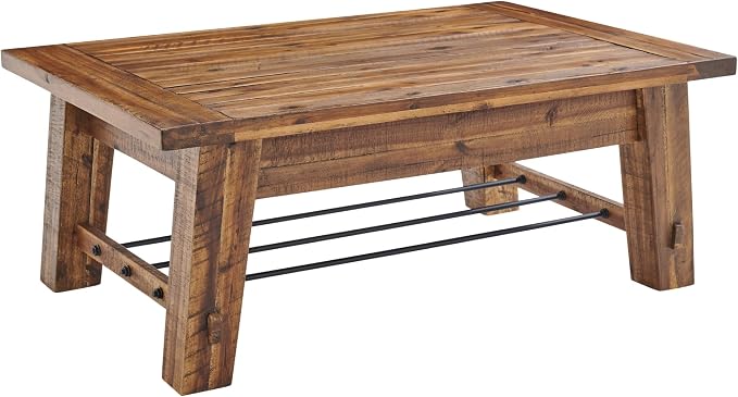 Alaterre Furniture Durango Solid Wood Coffee Table with Metal Storage Shelf | 48-Inch, Rustic Industrial Living Room Table, Metal Accent, Rustic Natural Grain Lacquer Finish
