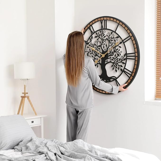 Micasso Rustic Oversize Wall Clock: 35Inch Farmhouse Tree of Life Metal with Wood Frame - Vintage Battery Operated Wall Clocks for Bedroom/Fireplace/High-Ceiling - Home Decor for Interior Designers