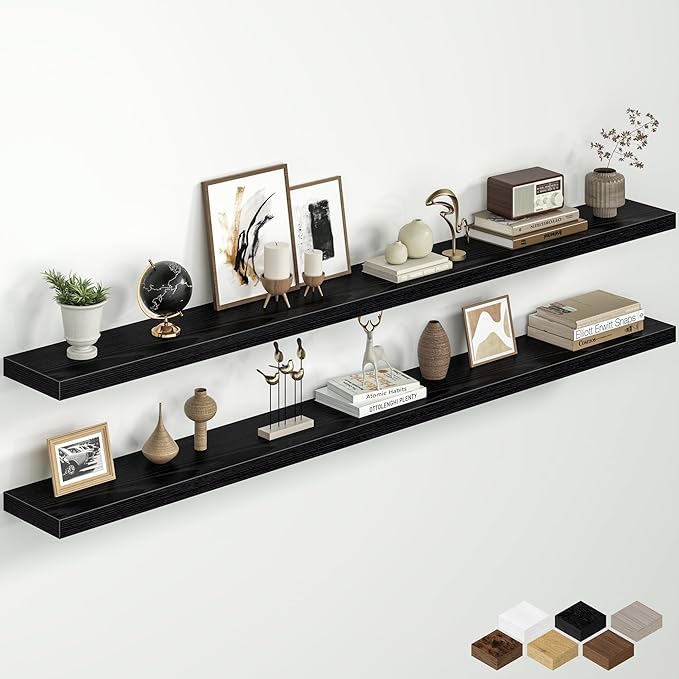 Fun Memories 72 Inch Floating Shelves for Wall, 8 Inch Deep Wall Mounted Wood Shelves with Invisible Brackets for Bathroom, Bedroom & Kitchen Storage Decor, Black, 2 Pack