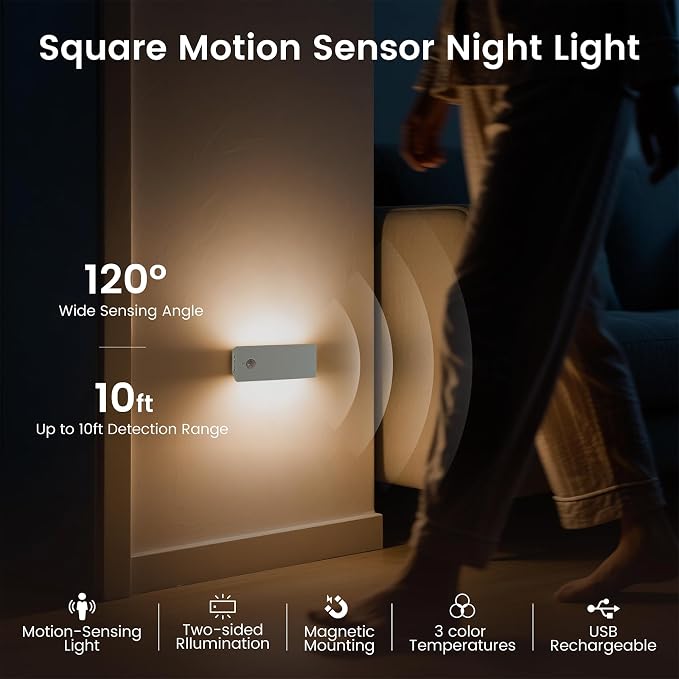 LED Backlit Motion Sensor Night Light, Rechargeable Night Light, Mini Stick-On Night Lights, Soft Two-Sided Glow, Magnetic, 3-Color Adjustable, for Bedroom, Toilet, Hallway & Cabinet