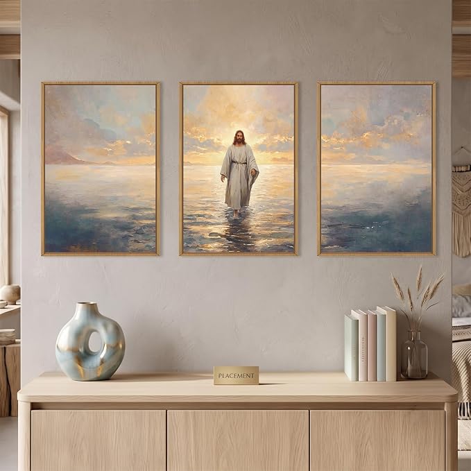 Large Jesus Christian Framed Canvas Wall Art Set,Jesus Walking On The Water Wall Decor,Vintage Religious Ocean Artwork for Living Room,Bedroom,Prayer Room,Church-24 x36 x3