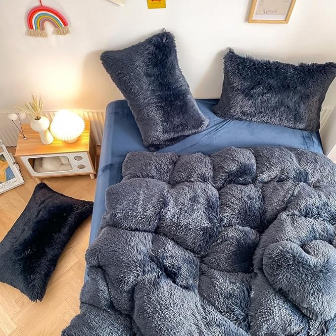 chovy Faux Fur Plush Navy Blue Comforter Sets Queen - Ultra Soft Shaggy Flannel Velvet Fluffy Fuzzy 3PC Bedding Set (Comforter x 1 Pillowcases x 2)