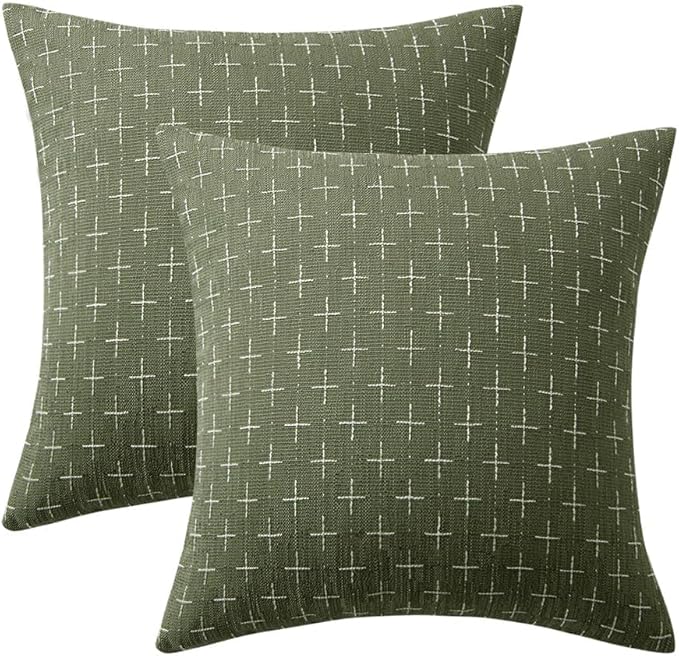 MIULEE Pack of 2 Decorative Burlap Linen Spring Throw Pillow Covers Modern Farmhouse Vintage Pillowcase Rustic Woven Textured Cushion Cover for Sofa Couch Bed 22x22 Inch Olive Green