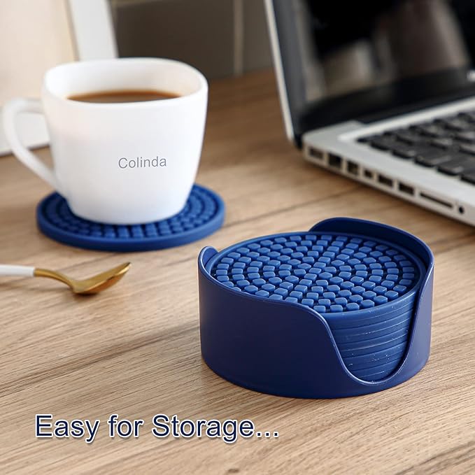 Colinda Silicone Drink Coasters with Holder, Set of 6, Outdoor Cup Mat for Hot or Cold Drinks, Thickened, Non-Slip,Non-Stick, Merlot Red