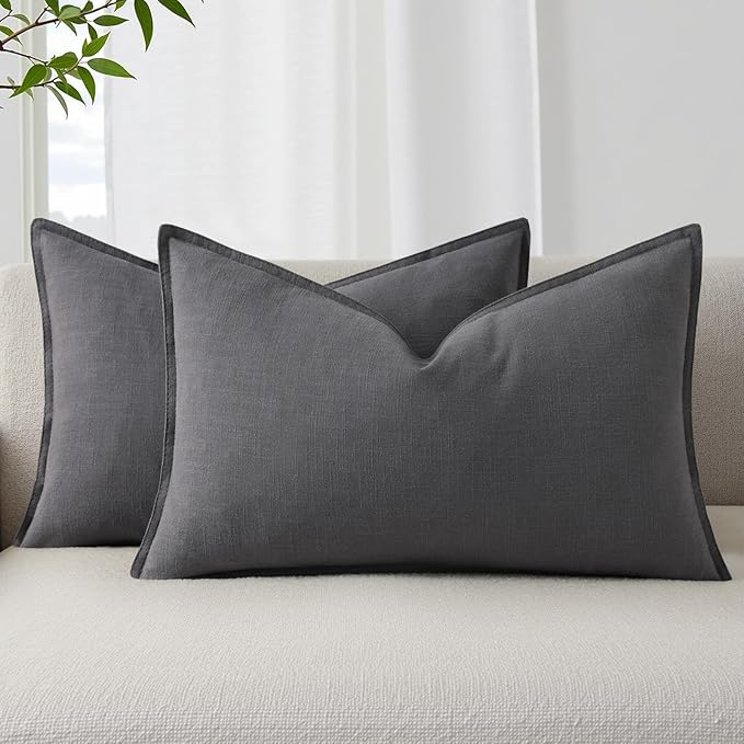 decorUhome Summer Decorative Linen Throw Pillow Covers 12x20 Inch Set of 2 Dark Grey Lumbar Pillow Covers with Flange Edges Soft Farmhouse Boho Accent Pillow Cases for Couch Bed Living Room