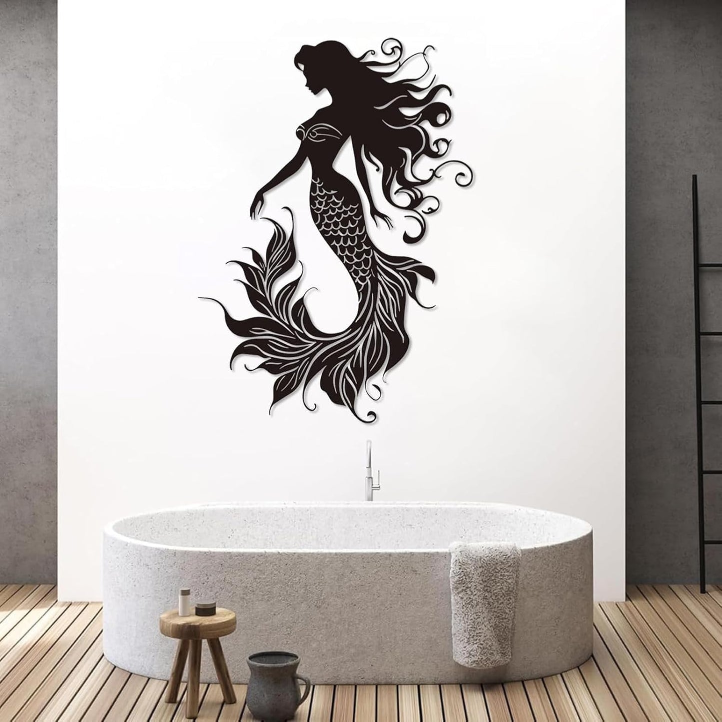 Veplsur Mermaid Metal Wall Art, Metal Mermaid Wall Decor, Marine Biology Wall Decor, Ocean Wall Art, Nautical Wall Hanging, Beach Hanging for Bathroom Bedroom (Black, 48"x34"|121x86cm)