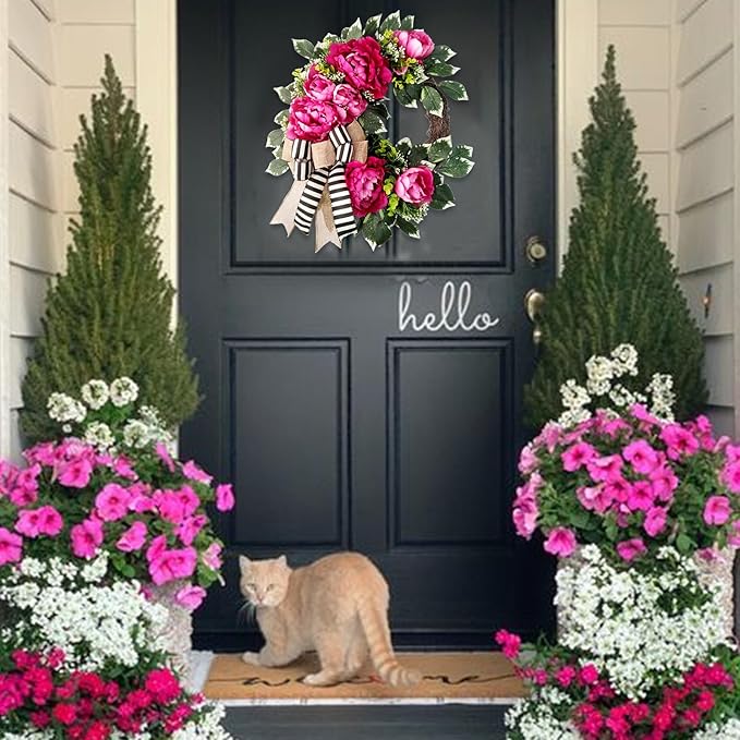 Spring Summer Wreath for Front Door,hot Pink Peony Wreath, Valentine Decor,Housewarming Gift, Wedding Door Decoration,Farmhouse Porch Decor, 20 inch
