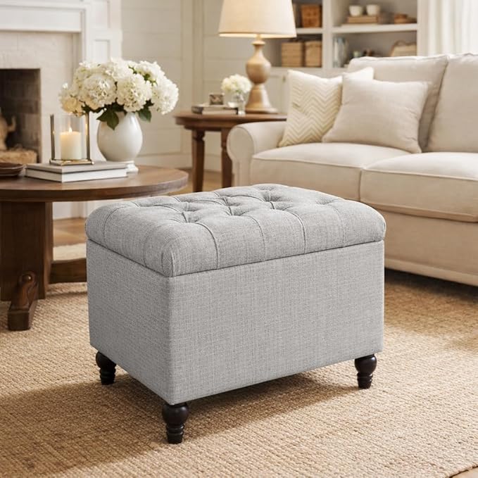 Homepop Home Decor | Upholstered Button Tufted Storage Ottoman | Hinged Lid Ottoman with Storage for Living Room & Bedroom | Decorative Home Furniture (Grey) Medium