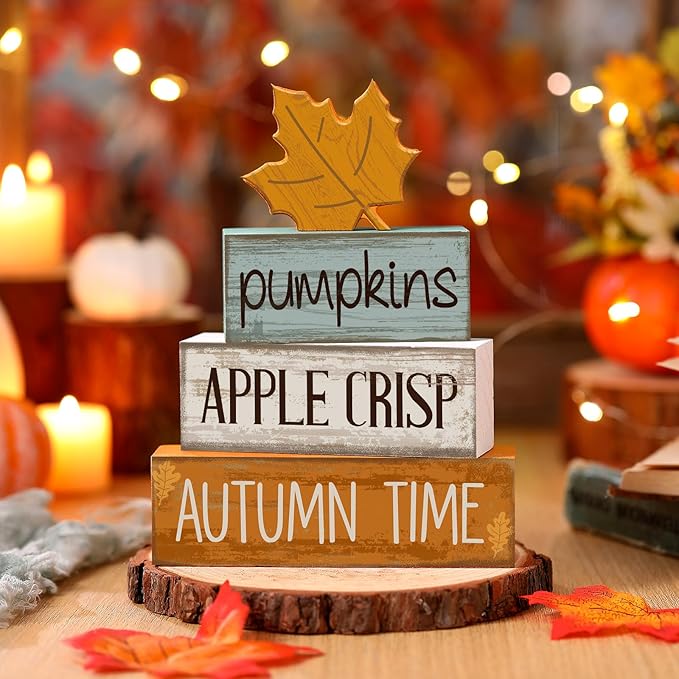 Lineshading 4 Pcs Thanksgiving Decoration for Home Wooden Maple Leaf Fall Tiered Tray Decor Thanksgiving Centerpiece Rustic Decorative Maple Leaf Block Signs Gift Farmhouse Autumn Decoration for Home