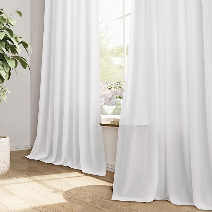 Snow White Pinch Pleated Linen Curtains 90 Inches Long Country Elegant Farmhouse Semi Sheer Textured Linen Blended Light Filtering Curtain for Living Room Bedroom Pleated Drapes with Hooks Rings 40x90