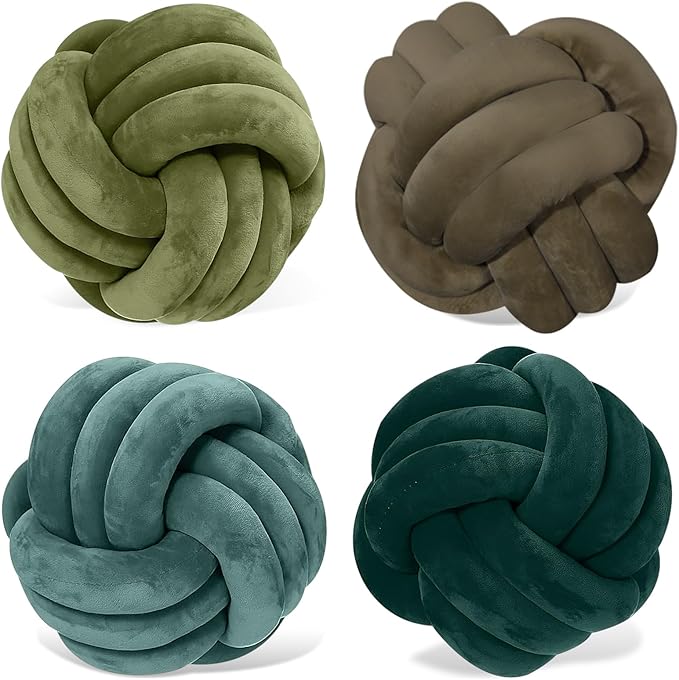 Yerliker 4 Pcs Knot Pillow Ball, 8.7 Inches Soft Home Decorative Round Throw Pillow Handmade Knotted Plush Accent Cushion Gifts for Nursery Decor Home Bed Sofa Bedroom Decoration(Green Series)