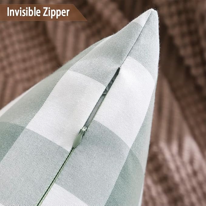 CARRIE HOME Farmhouse Sage Green Plaid Pillow Covers 18x18 Set of 4 Spring Neutral Throw Pillows Light Green Checkered Decorative Pillow Cover for Indoor Couch Bed or Outdoor Porch Patio, Grey Green