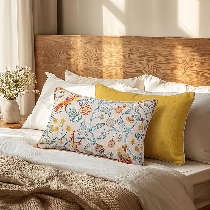 patdrea French Vintage Linen Throw Pillow Cover,12"x20"-Magnolia A | Decorative Pillow Case with Zipper,Yellow Floral Pattern,Cushion Coverfor Couch Living Room Bedroom Sofa