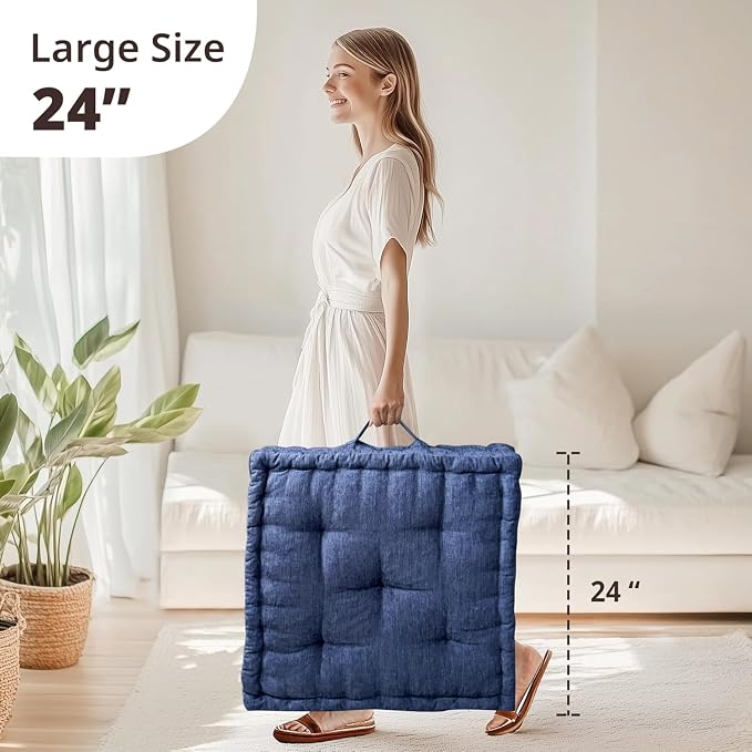 Intelligent Design Azza Floor Pillow, Large Cushions Sitting for Adults, Floor Pillow for Meditation or Yoga, Lustrous Chenille Tufted with Scalloped Edges for Bench/Chair Cushion, 24"x24"x5" Navy