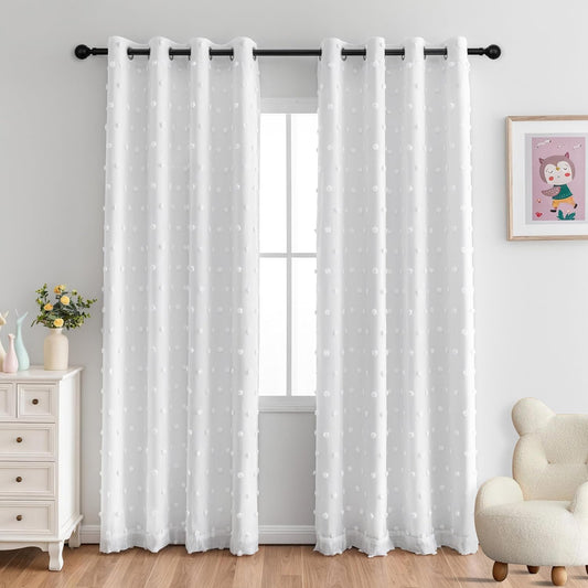 MYSKY HOME 100% White Blackout Curtains for Living Room Bedroom 84 Inches Long Total Light Blocking Drapes for Girls Room Thermal Insulated Curtains with Pom Pom Sheer Grommet Set of 2, 52W x 84L