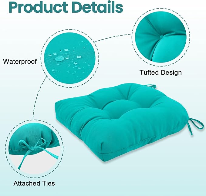 idee-home Outdoor Chair Cushions Set of 2, Patio Seat Cushions | Tufted Thick 19 x 19 x 5 Inch Cushions for Outdoor Furniture Waterproof with Ties, Dining Pads Dark Cerulean